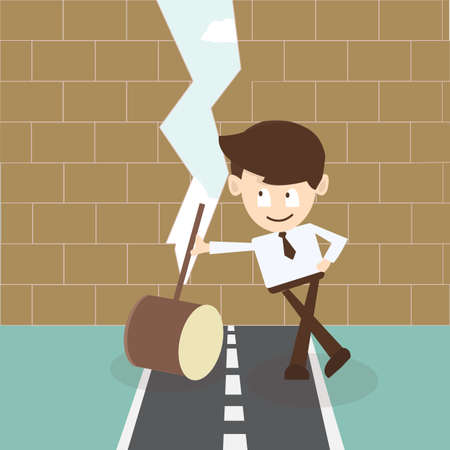  businessman determined  breaking wall with hammerのイラスト素材