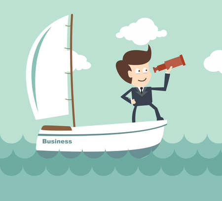 vision leadership - Businessman with a spyglass on a boatのイラスト素材