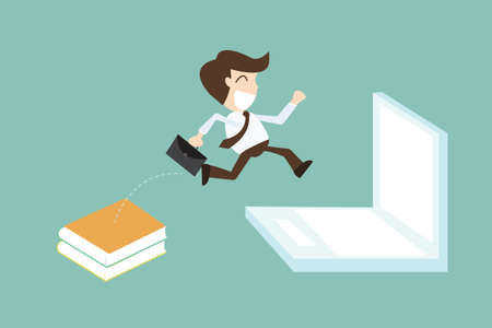 technology migration with businessman jumping book to laptopのイラスト素材
