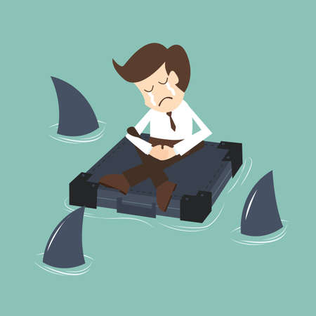 Businessman surrounded by sharks, Crisis Conceptのイラスト素材