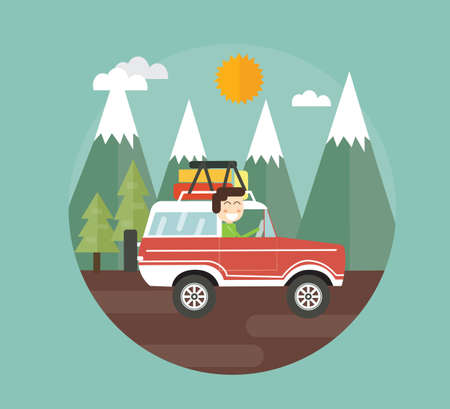 outdoor adventure - car drive in mountainのイラスト素材