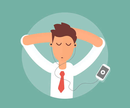 businessman relaxing and listening music in headphoneのイラスト素材