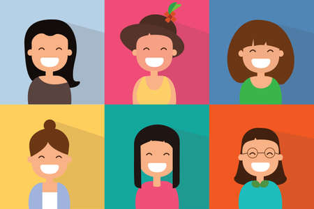 Set of smiling girls with bright colors in flat design