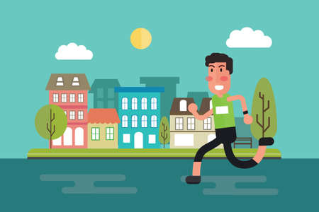 City run - fitness workout running man with urban city street Flat designのイラスト素材