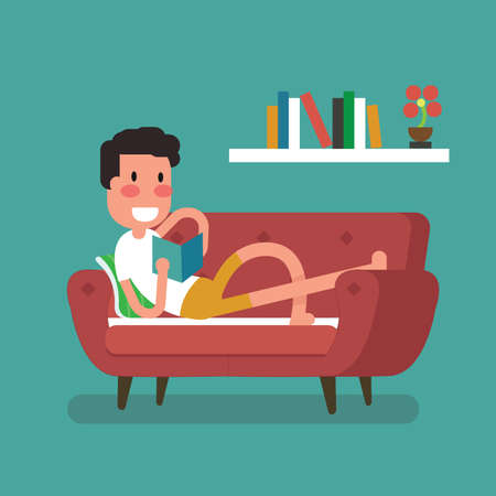 Young man relaxing on sofa reading book at homeのイラスト素材