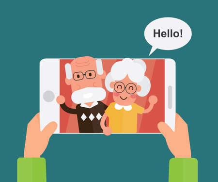 Video calling and talking with grandparents via internet on tabletのイラスト素材
