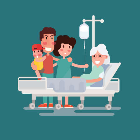 Family health care and people concept - happy senior man and young woman visiting and cheering her grandmother lying in bed at hospital wardのイラスト素材