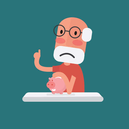 Senior man holding piggy bank looking suspicious trying to protect his savings from being stolen. Financial fraud conceptのイラスト素材
