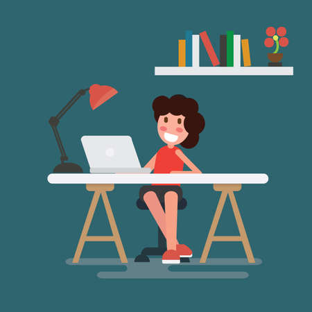 Woman working on laptop at her home office working desk. Flat styleのイラスト素材