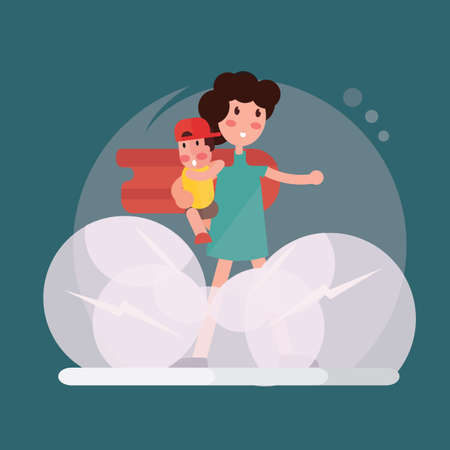 Super hero, super mom. Happy smiling super mother with her childrenのイラスト素材