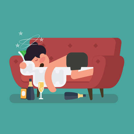 A drunk man sleep on the sofa with a bottle of beerのイラスト素材