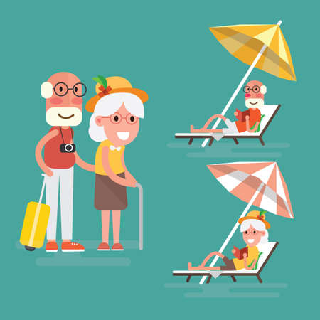 Elderly couple having summer vacation at the beachのイラスト素材