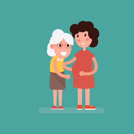 Pregnant women adult daughter and her elderly mother. Vector illustration.のイラスト素材