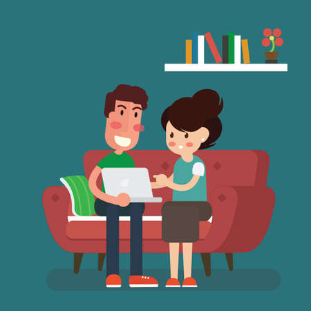 Couple sitting on the sofa sharing a laptop, isolated flat style vector illustrationのイラスト素材