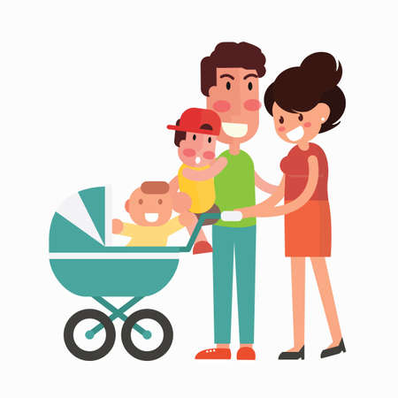 Happy family with two children walking -isolated on white backgroundのイラスト素材