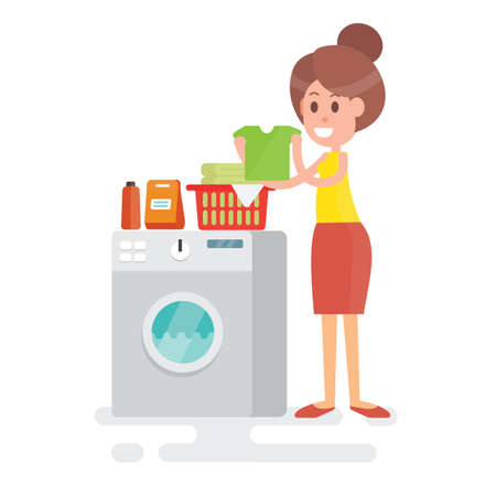 Housewife with clothes in her hands next to the washing machine vector illustrationのイラスト素材