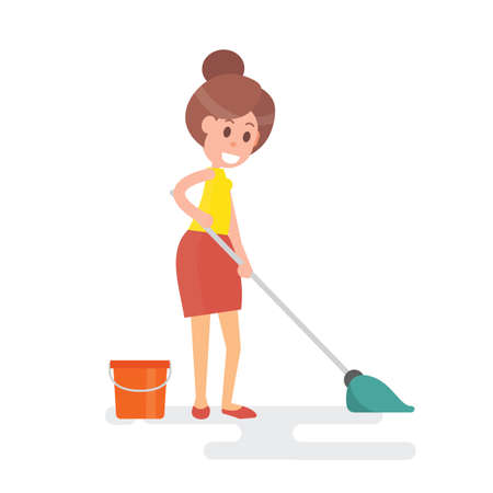 Woman housewife mopping floor isolated on plain backgroundのイラスト素材