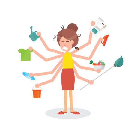 Busy multitasking housewife woman with many hands - on white backgroundのイラスト素材