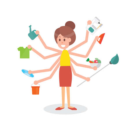 Multitasking Housewife with many hands - on white backgroundのイラスト素材