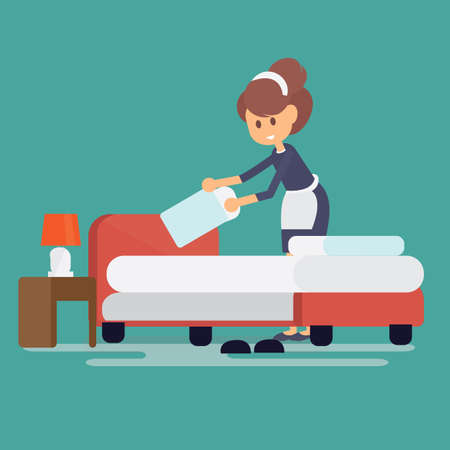 Hotel maid setting up pillow on bed sheet in hotel room Vector illustration.のイラスト素材