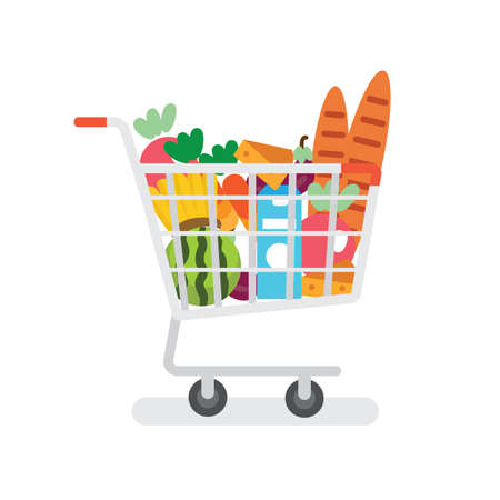 Grocery cart supermarket with products flat design.のイラスト素材