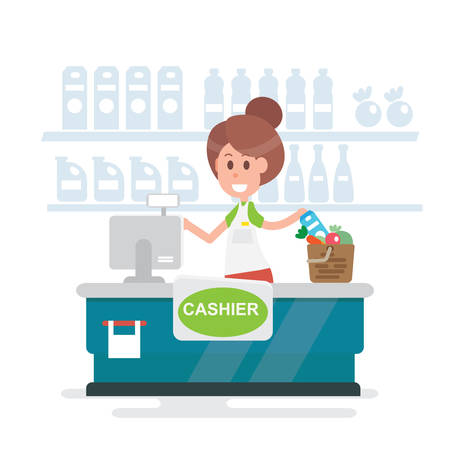 Girl cashier at the cash register supermarket - Flat style vectorのイラスト素材