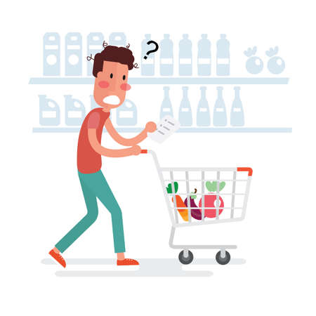 Confused Man Shopping At The Supermarket - Flat Designのイラスト素材