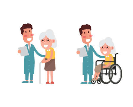Flat design concept of doctors talking with senior womanのイラスト素材