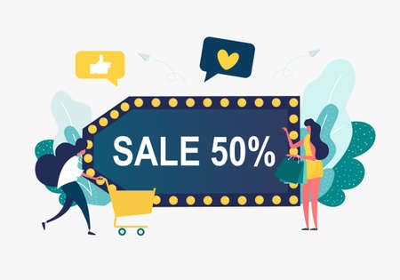  Final sale. Discounts 50 percent. womenl in a dress holding bags -Flat Vector Illustrationのイラスト素材