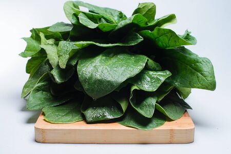 Fresh harvested green spinach on a wooden background