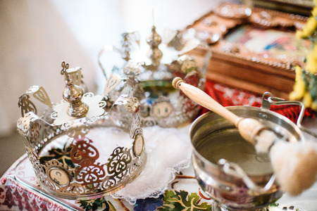Wedding ceremonial attributes are on the altar in a church