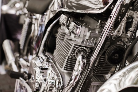 Close-up of an engine of old retro classic motocycle. Black and white. Detailsの写真素材