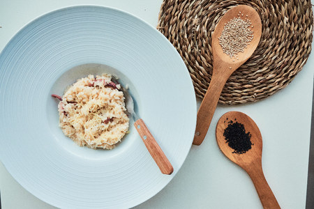 Top view of risotto with octopus and cheese. Traditional Italian dish.の写真素材