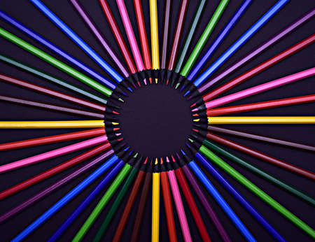 Set of Realistic Colorful Colored Pencils on the black backgroundの写真素材