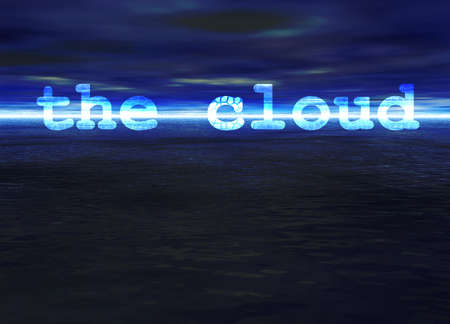 The Cloud Text on Stunning Blue Bright Ocean Sea Horizon at Nightの写真素材