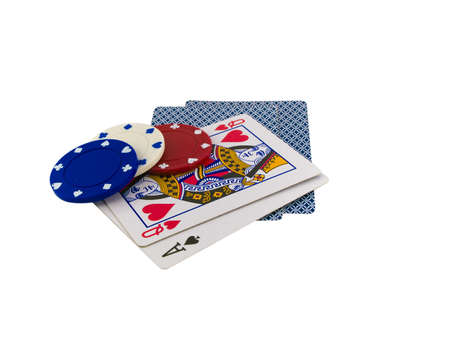 Playing Cards Queen and Ace with Poker Chips on White Backgroundのeditorial素材