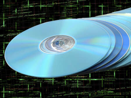 CDs DVDs Blu-ray Stack of Blue Disks Discs with Programming Code Background
