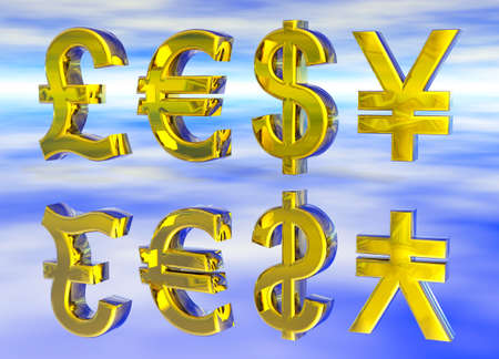 Euro Pound Dollar and Yen Symbols in Gold with Reflectionの写真素材