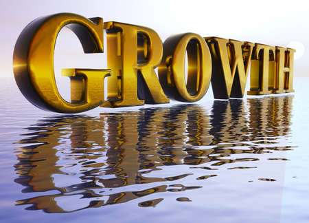 Gold Large Growth Text in 3d floating Big Over Water Oceanの写真素材