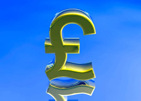 Gold UK GBP Pound Sterling Currency Symbol on Blue Backgroundの写真素材