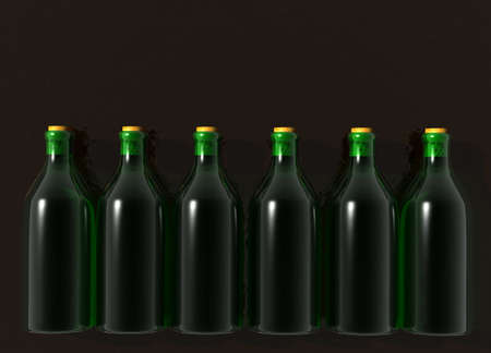 Six Green Glass Wine Bottles on Blackの写真素材