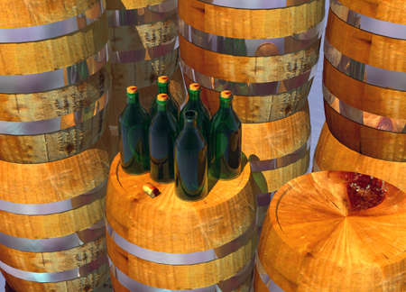 Bottles of Wine on Barrels with an Open Bottle