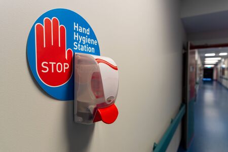 hand hygiene station in a hospital hall wayの写真素材