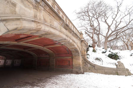 Stone Bridge after snow falls in Central Park, New York Cityの写真素材