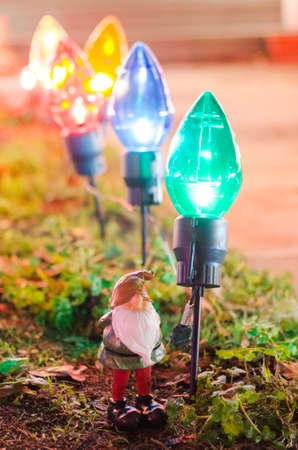 Garden Gnome with Chrstmas lawn lightsの写真素材