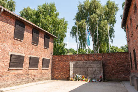 Memorial at Auschwitz between buildings with flowersのeditorial素材