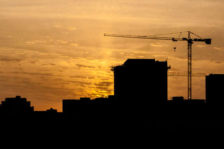 Tower cranes on a construction site behind buildingsの写真素材
