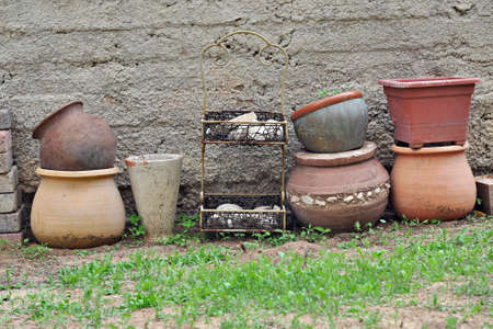 Set of terracotta flower pots on the back yardの写真素材
