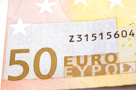 Fifty euro banknote on white background.
