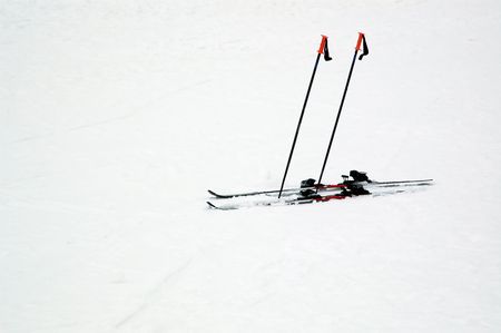 Skiers equipement on snowの写真素材